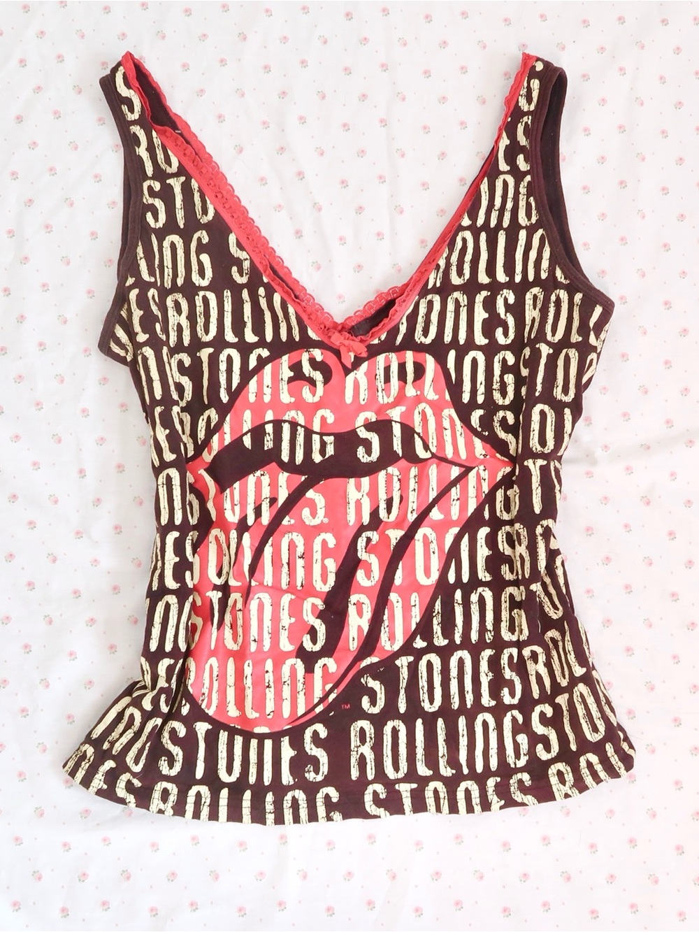 Y2K Rolling Stones Graphic Top Red Lace Trim XL